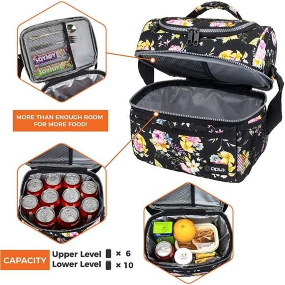 Lunch Box For Women, Insulated Large Lunch Bag Adult Work, Double Decker - Picture 3 of 7